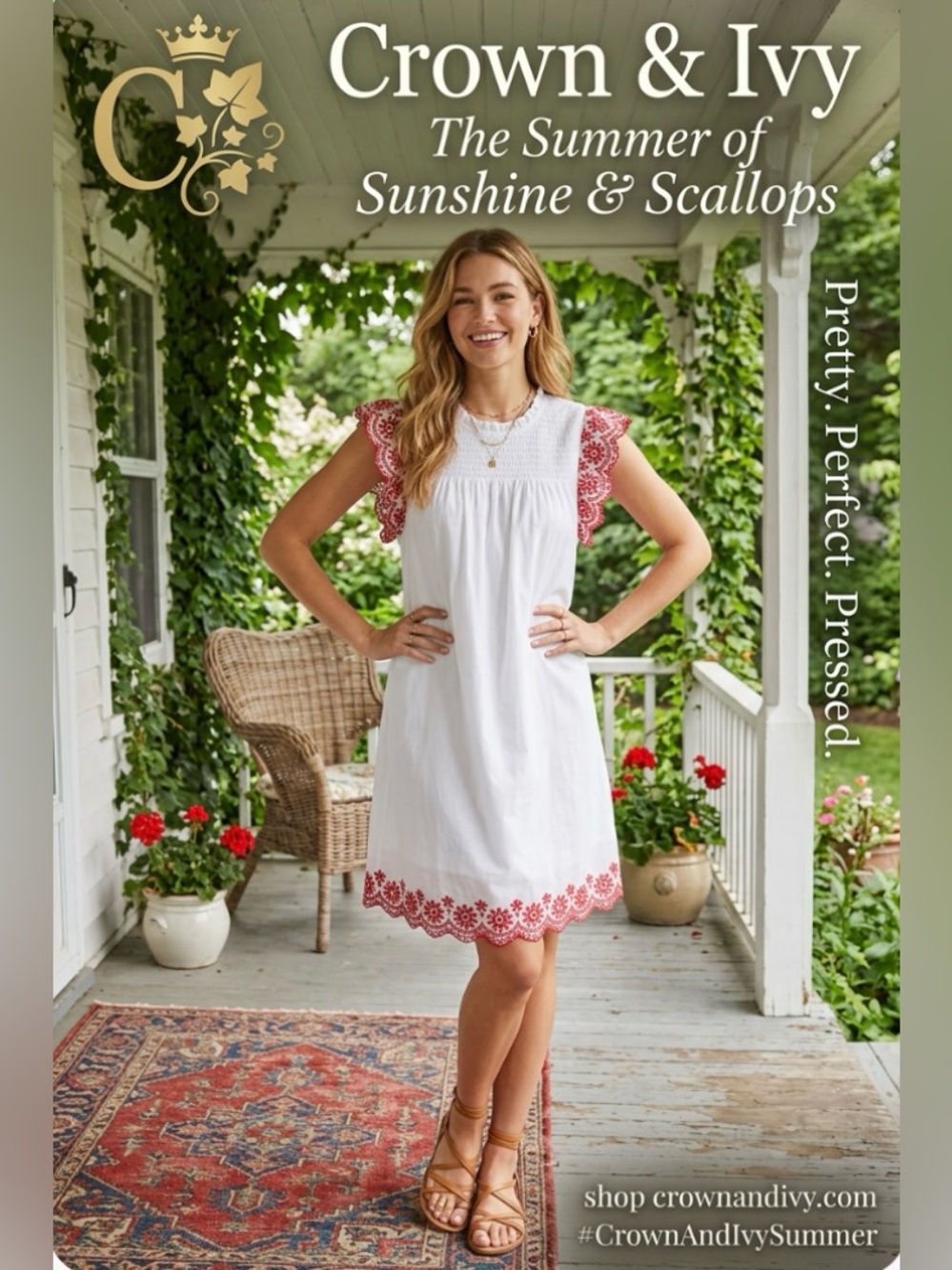 NWT ~ Crown & Ivy White Shift Dress with Red Scallop Embroidery ~ Size Large